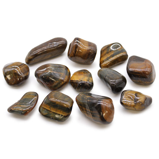 12 x Polished Natural Tumble Stones - Medium / Variegated Tigers Eye product packaging on clean background from Quintessential Holistic Health Ltd