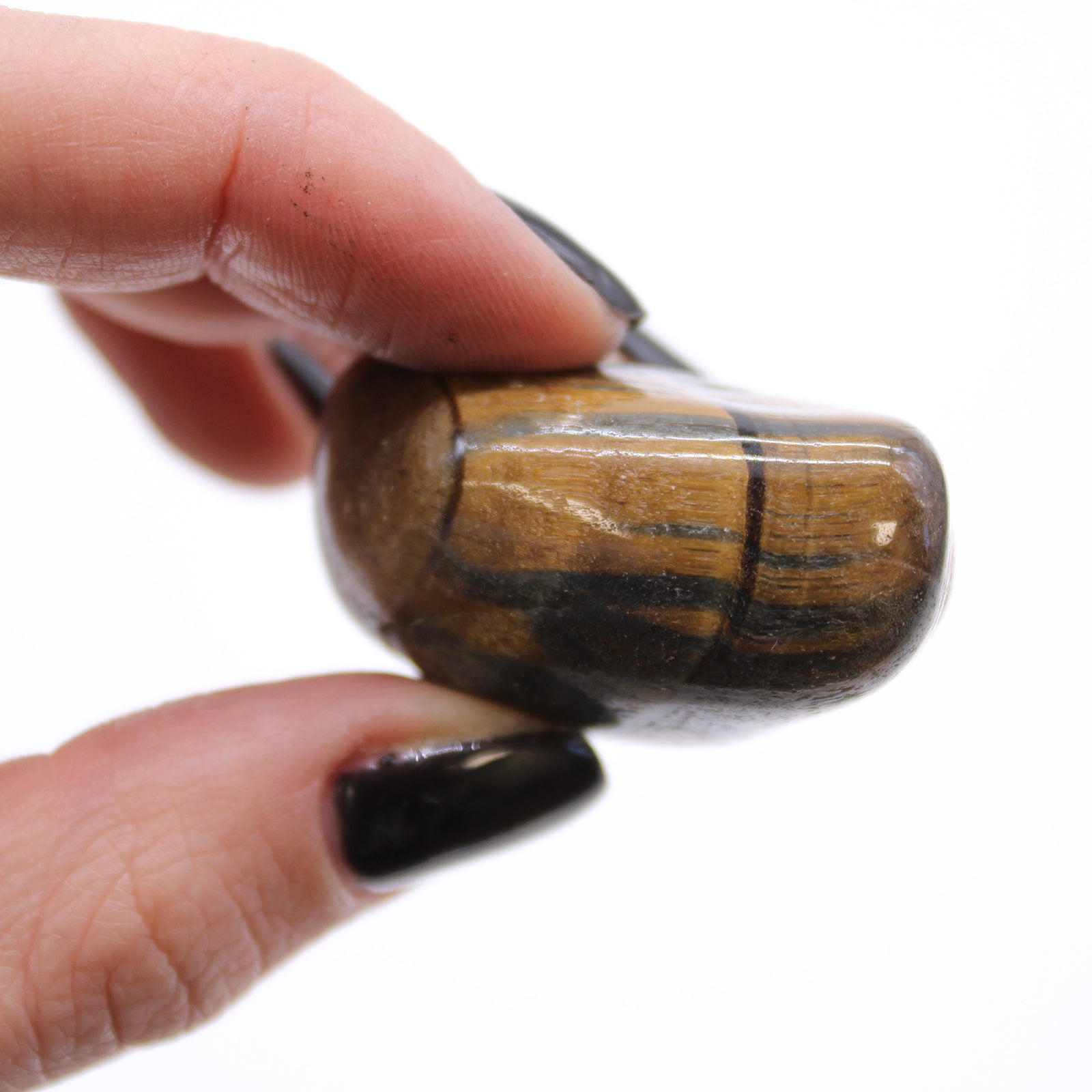 12 x Polished Natural Tumble Stones - Medium / Variegated Tigers Eye product packaging on clean background from Quintessential Holistic Health Ltd