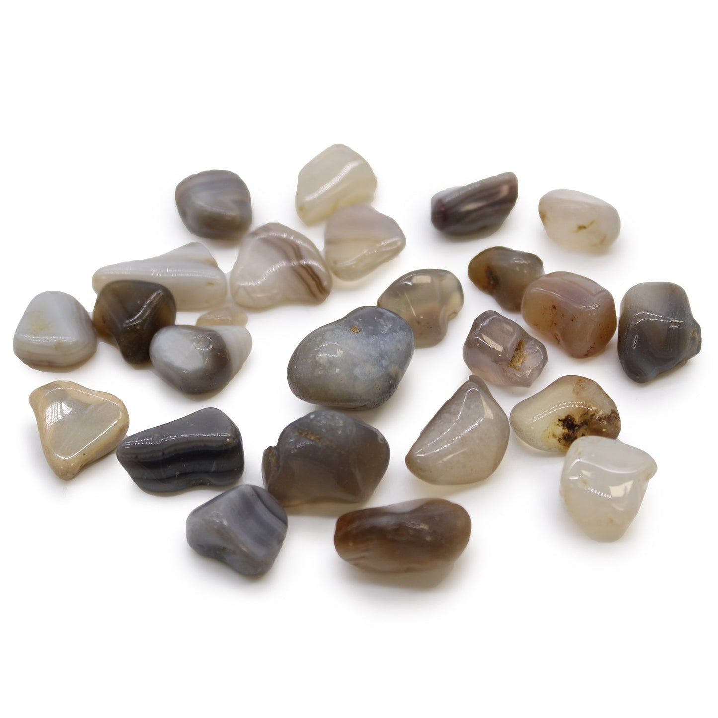 24 x Polished Natural Tumble Stones - Small / Grey Agate product packaging on clean background from Quintessential Holistic Health Ltd