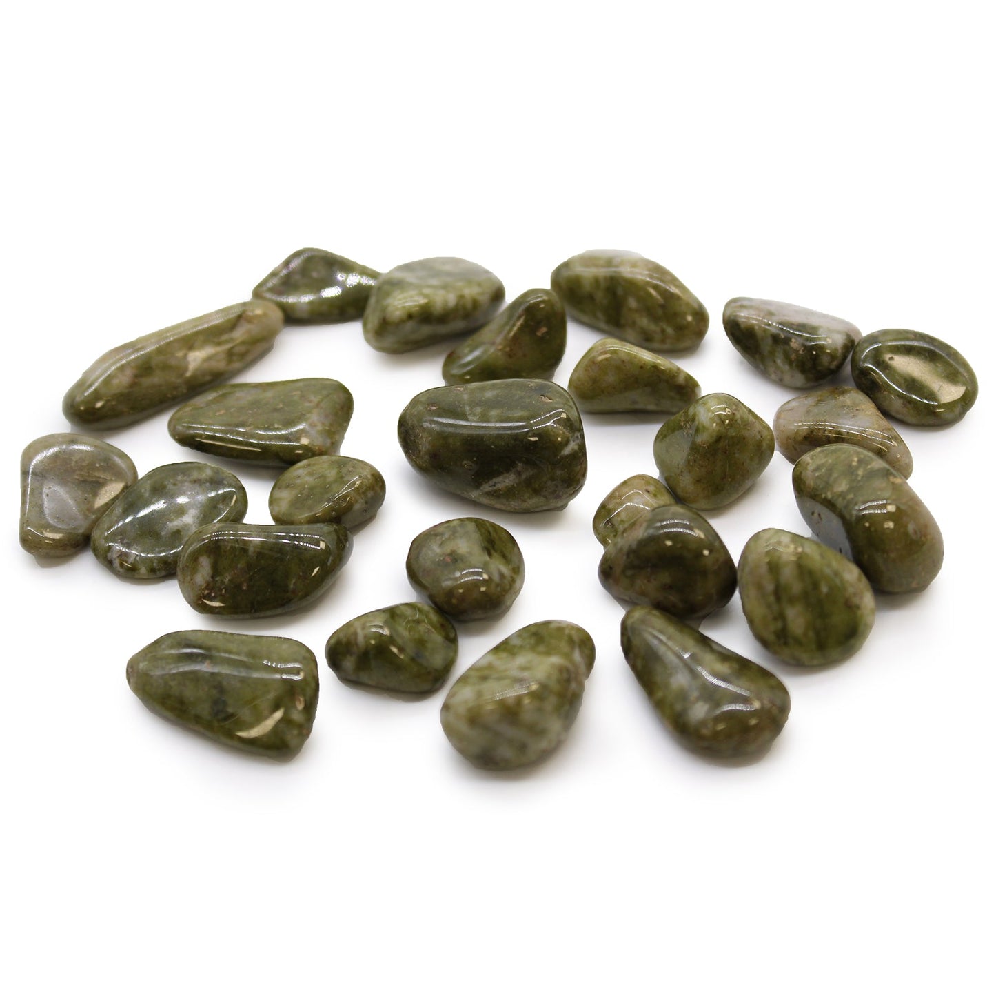 24 x Polished Natural Tumble Stones - Small / Epidote Snowflake product packaging on clean background from Quintessential Holistic Health Ltd