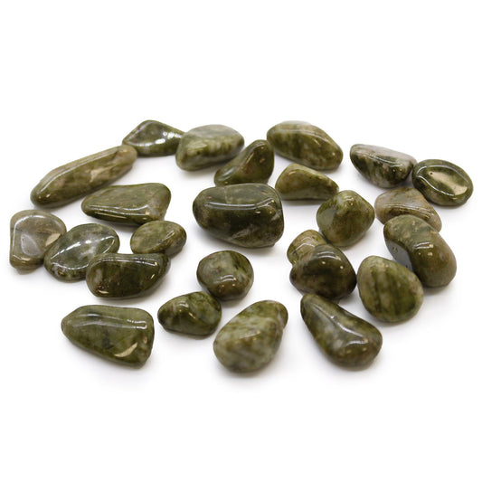 24 x Polished Natural Tumble Stones - Small / Epidote Snowflake product packaging on clean background from Quintessential Holistic Health Ltd