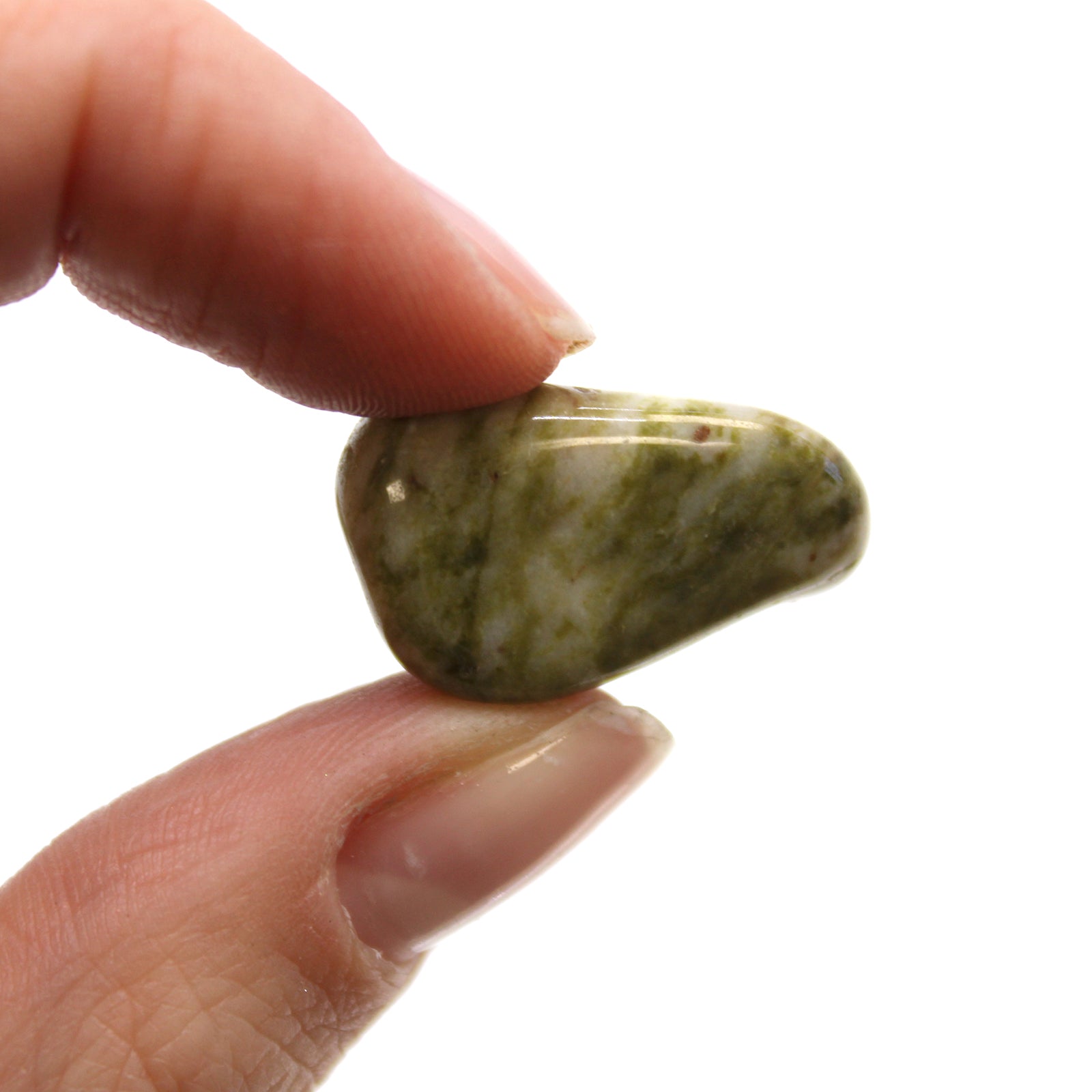 24 x Polished Natural Tumble Stones - Small / Epidote Snowflake product packaging on clean background from Quintessential Holistic Health Ltd