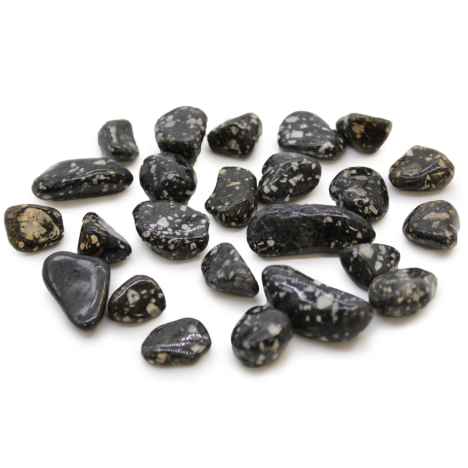 24 x Polished Natural Tumble Stones - Small / Guinea Fowl Jasper product packaging on clean background from Quintessential Holistic Health Ltd
