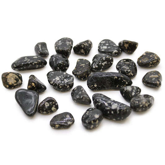 24 x Polished Natural Tumble Stones - Small / Guinea Fowl Jasper product packaging on clean background from Quintessential Holistic Health Ltd