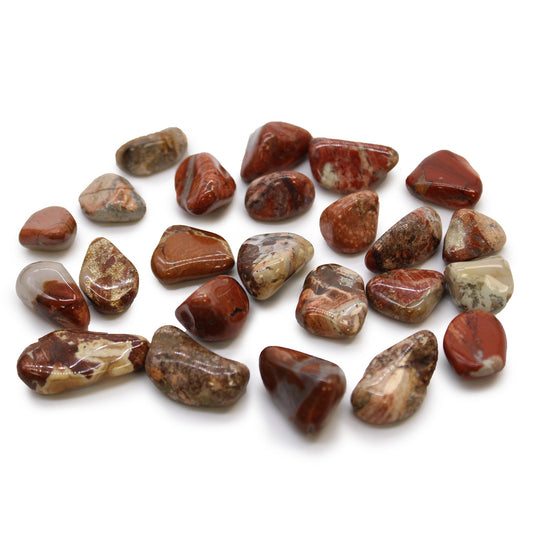 24 x Polished Natural Tumble Stones - Small / Brecciated Light Jasper product packaging on clean background from Quintessential Holistic Health Ltd