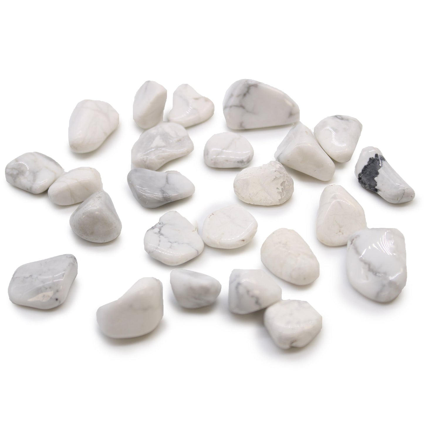 24 x Polished Natural Tumble Stones - Small / White Howlite Magnesite product packaging on clean background from Quintessential Holistic Health Ltd