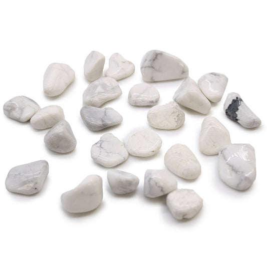24 x Polished Natural Tumble Stones - Small / White Howlite Magnesite product packaging on clean background from Quintessential Holistic Health Ltd