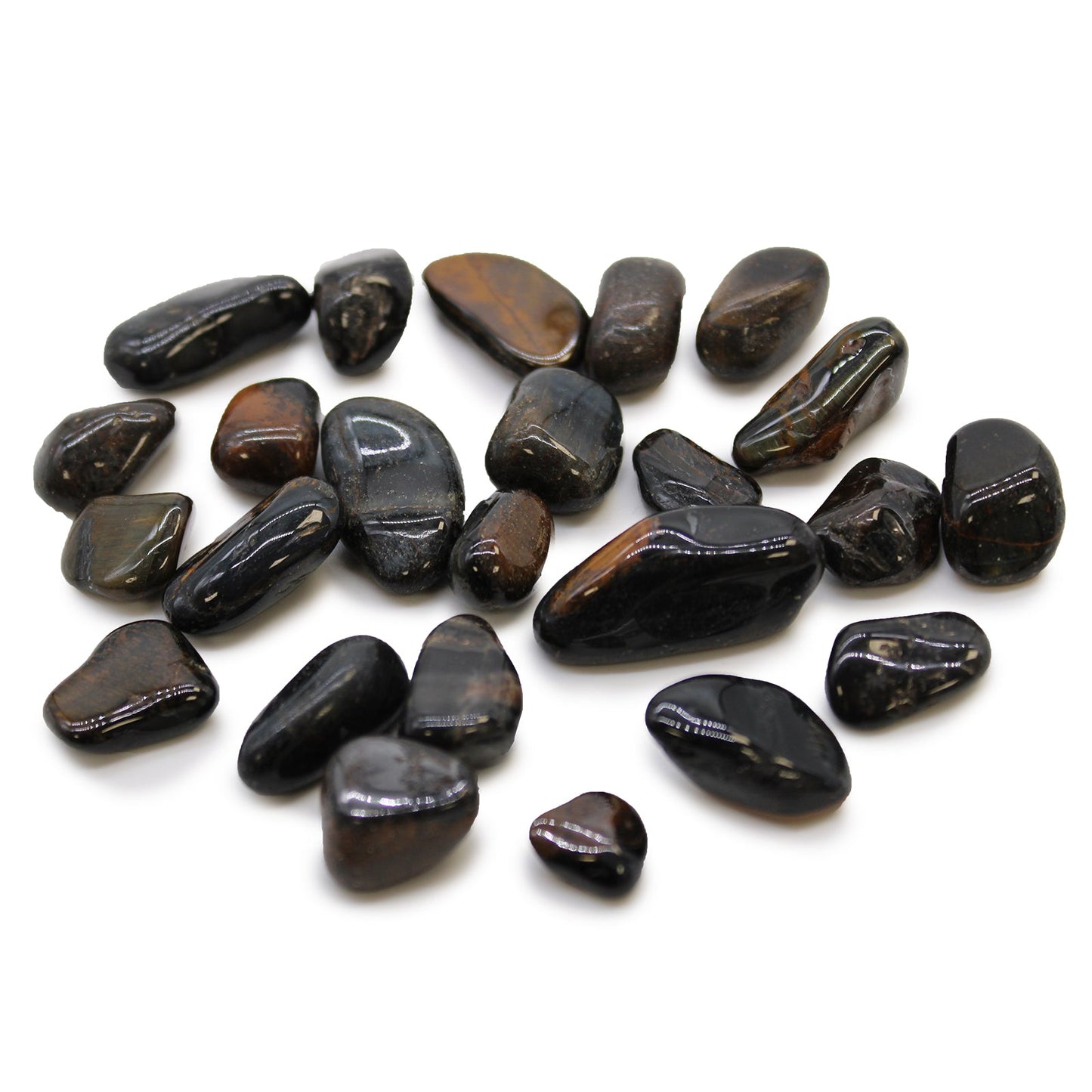 24 x Polished Natural Tumble Stones - Small / Blue Tigers Eye product packaging on clean background from Quintessential Holistic Health Ltd