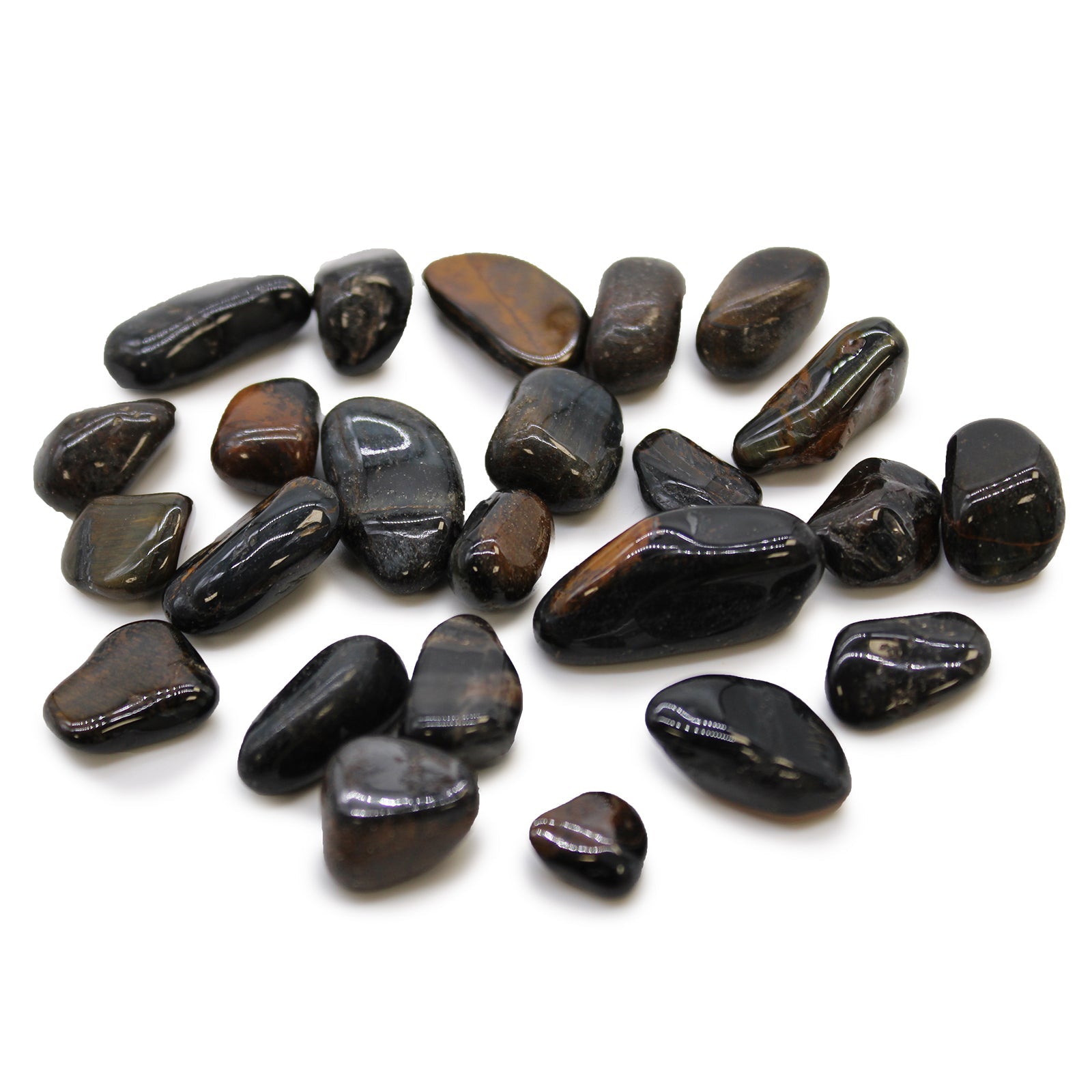24 x Polished Natural Tumble Stones - Small / Blue Tigers Eye product packaging on clean background from Quintessential Holistic Health Ltd