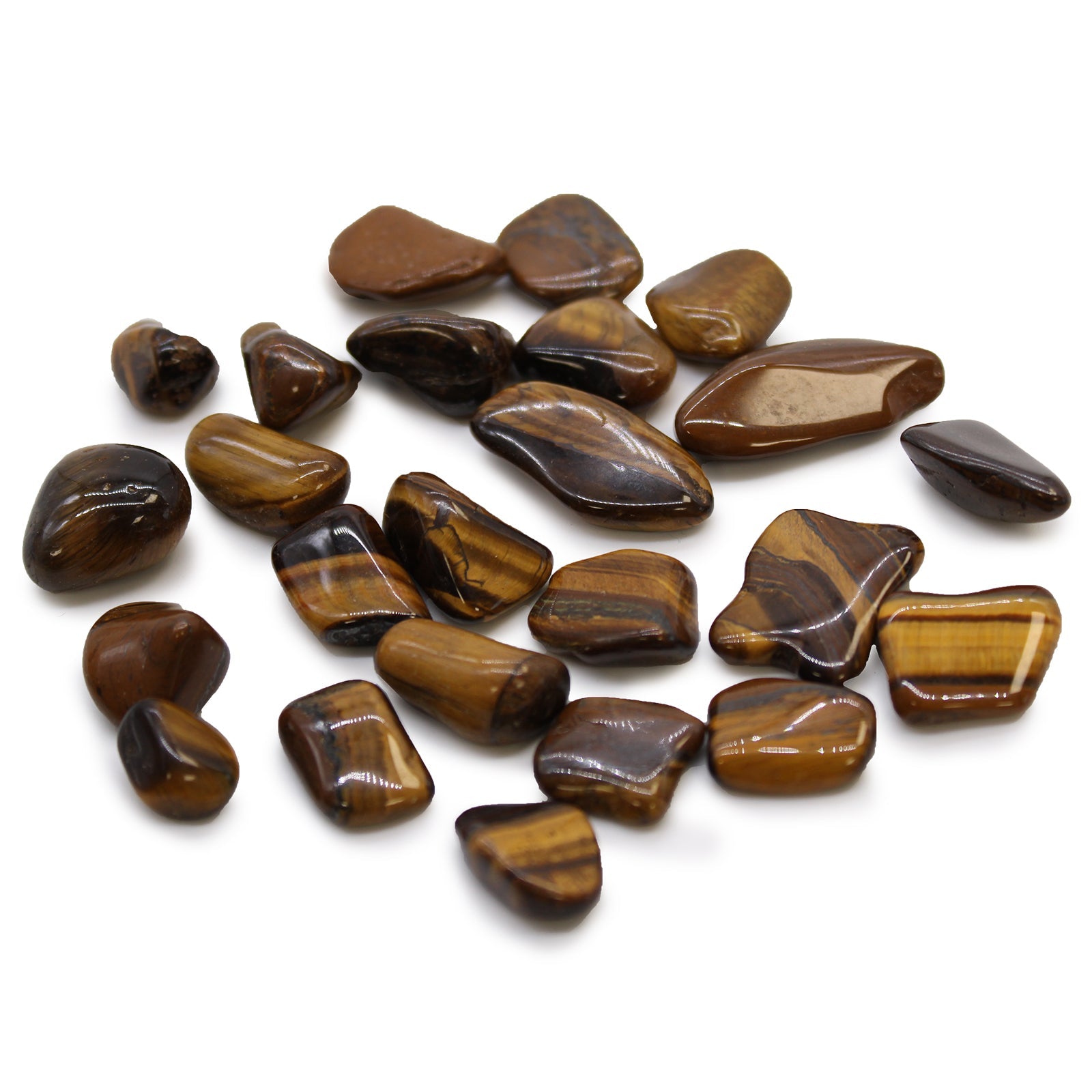 24 x Polished Natural Tumble Stones- Small / Golden Tigers Eye product packaging on clean background from Quintessential Holistic Health Ltd