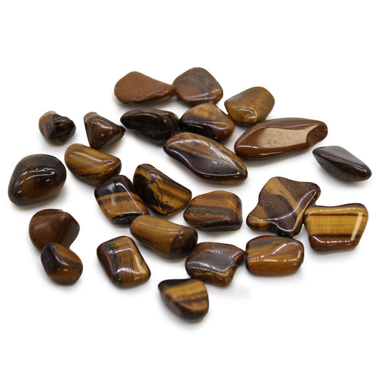 24 x Polished Natural Tumble Stones- Small / Golden Tigers Eye product packaging on clean background from Quintessential Holistic Health Ltd