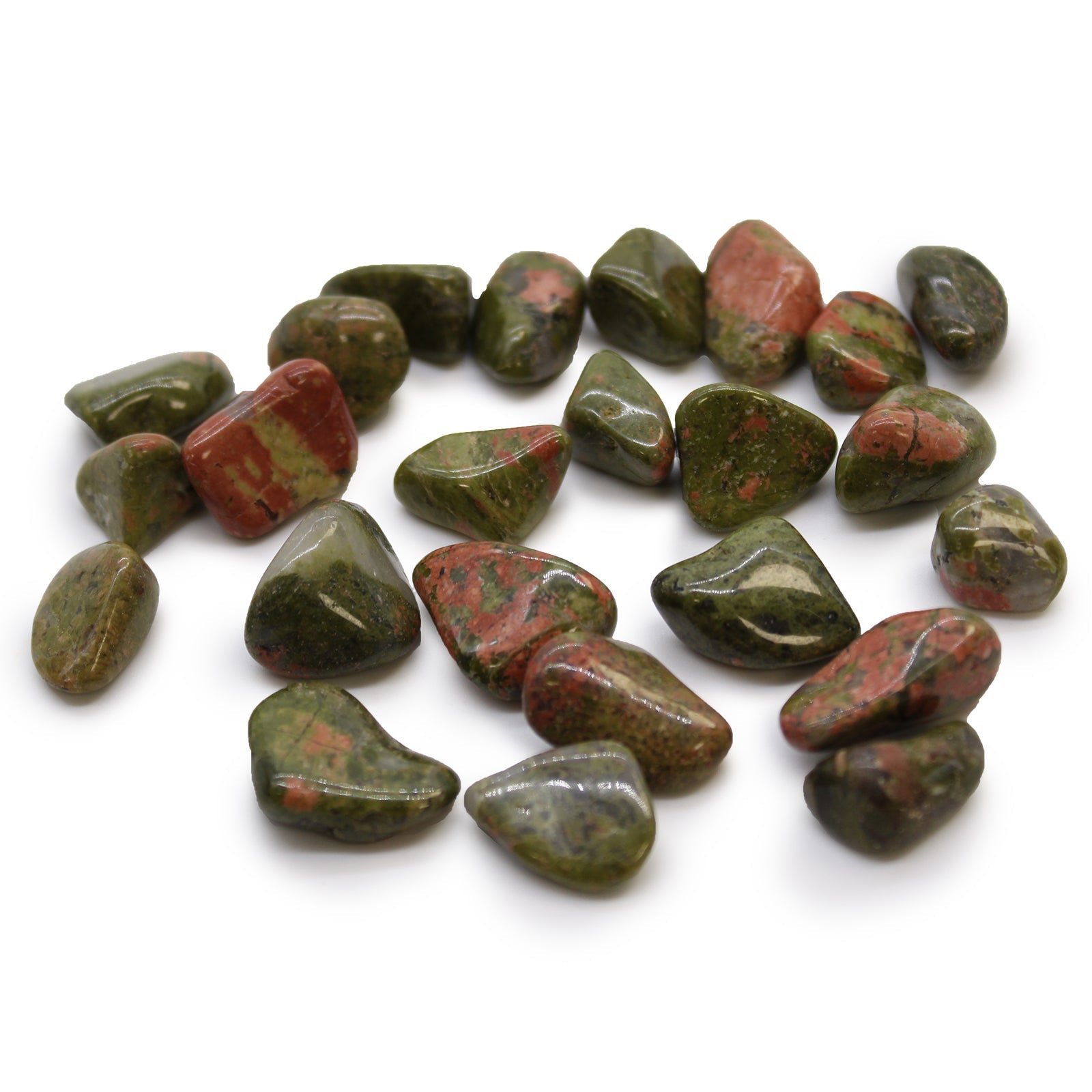 24 x Polished Natural Tumble Stones - Small / Unakite product packaging on clean background from Quintessential Holistic Health Ltd