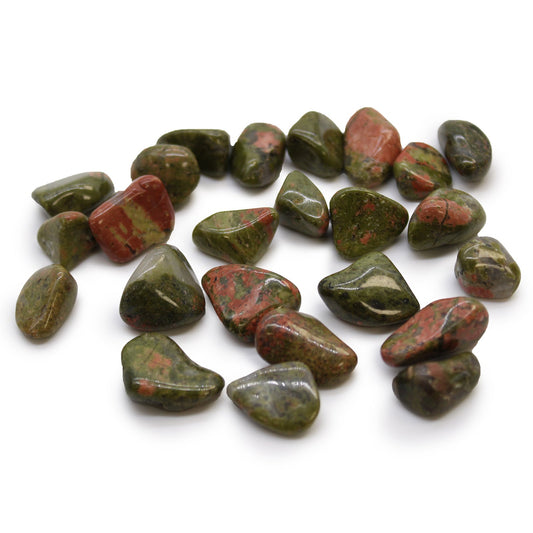 24 x Polished Natural Tumble Stones - Small / Unakite product packaging on clean background from Quintessential Holistic Health Ltd