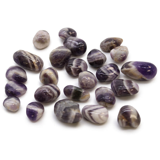 24 x Polished Natural Tumble Stones - Small / Amethyst Chevron product packaging on clean background from Quintessential Holistic Health Ltd