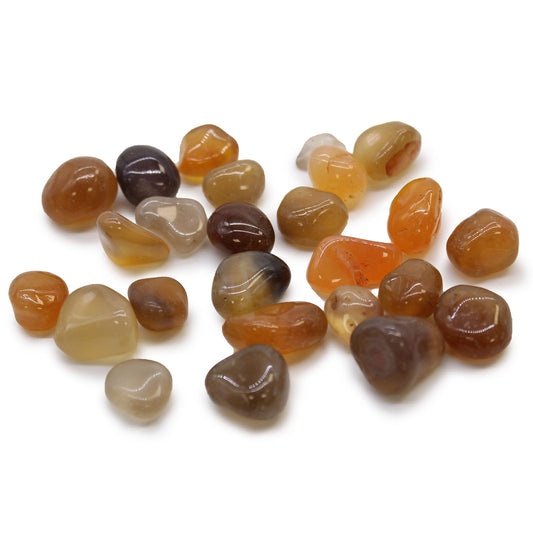 24 x Polished Natural Tumble Stones- Small / Carnelian Agate product packaging on clean background from Quintessential Holistic Health Ltd