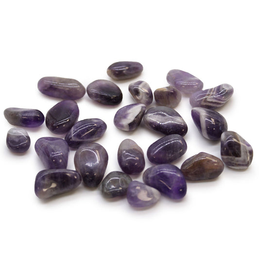 24 x Polished Natural Tumble Stones - Small / Amethyst product packaging on clean background from Quintessential Holistic Health Ltd