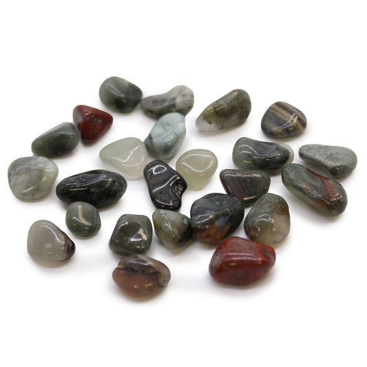 24 x Polished Natural Tumble Stones - Small / Bloodstone Sephtonite product packaging on clean background from Quintessential Holistic Health Ltd