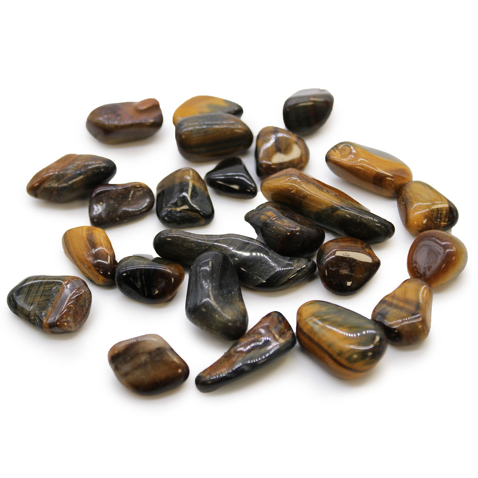24 x Polished Natural Tumble Stones - Small / Variegated Tigers Eye product packaging on clean background from Quintessential Holistic Health Ltd
