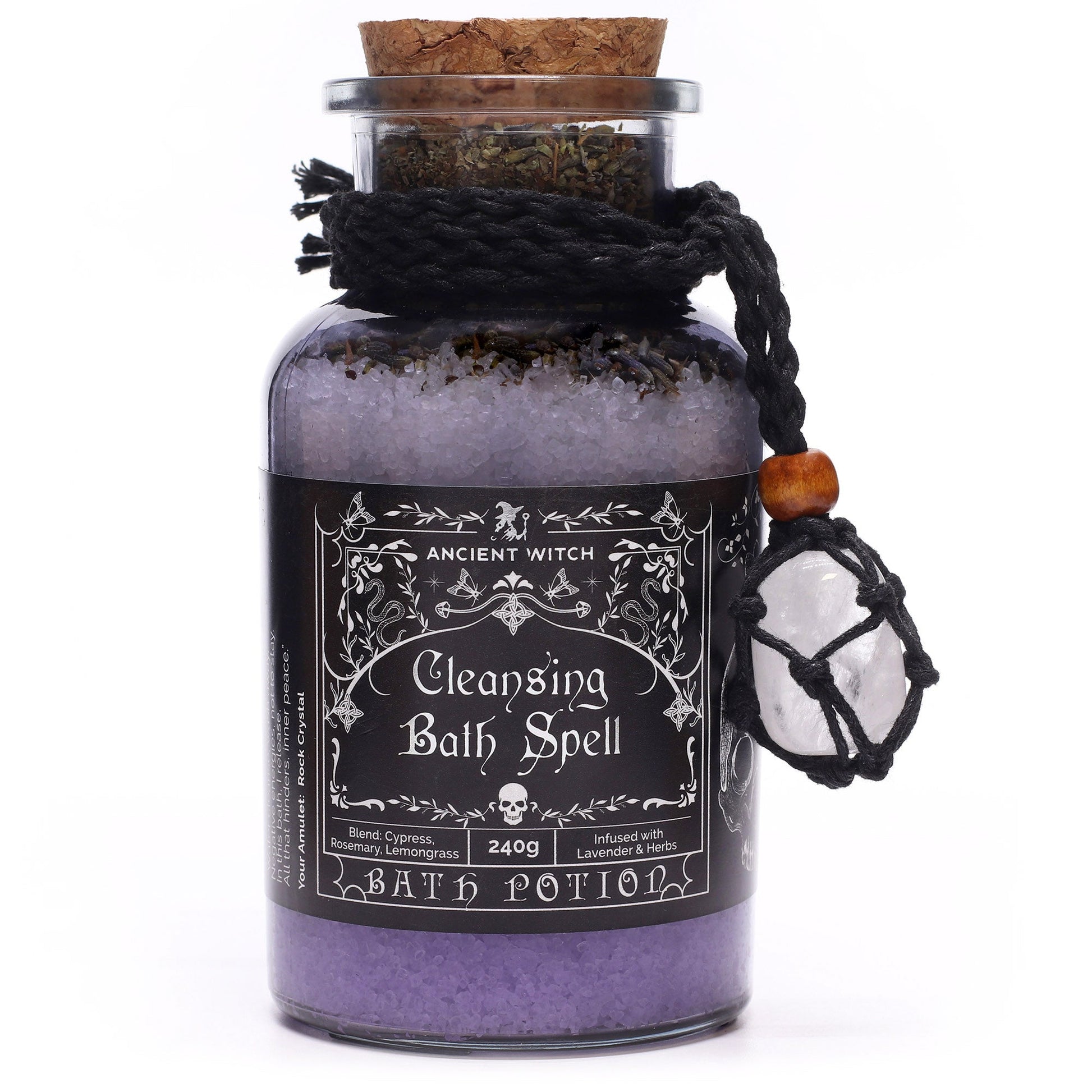 Vegan Bath Spell Potion & Rock Crystal Amulet - Cleansing, corked purple bottle with black cord and pale crystal charm by Quintessential Holistic Health Ltd