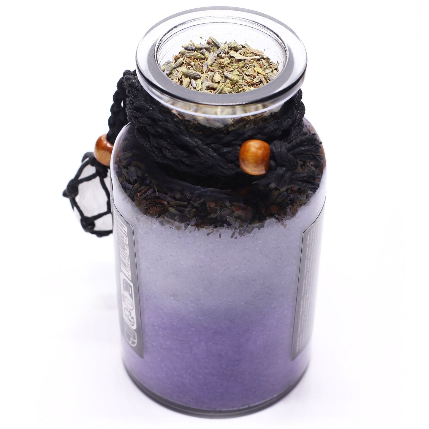 Vegan Bath Spell Potion & Rock Crystal Amulet - Cleansing, open purple bottle viewed from above with dried herbs visible by Quintessential Holistic Health Ltd