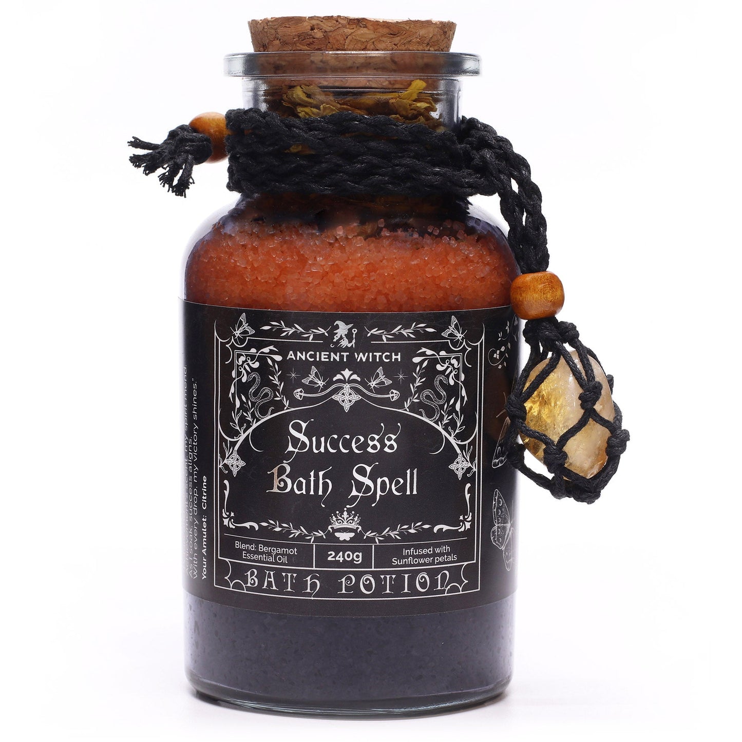Vegan Bath Spell Potion & Citrine Crystal Amulet - Success, corked orange and black layered bottle with braided cord and yellow charm, by Quintessential Holistic Health Ltd