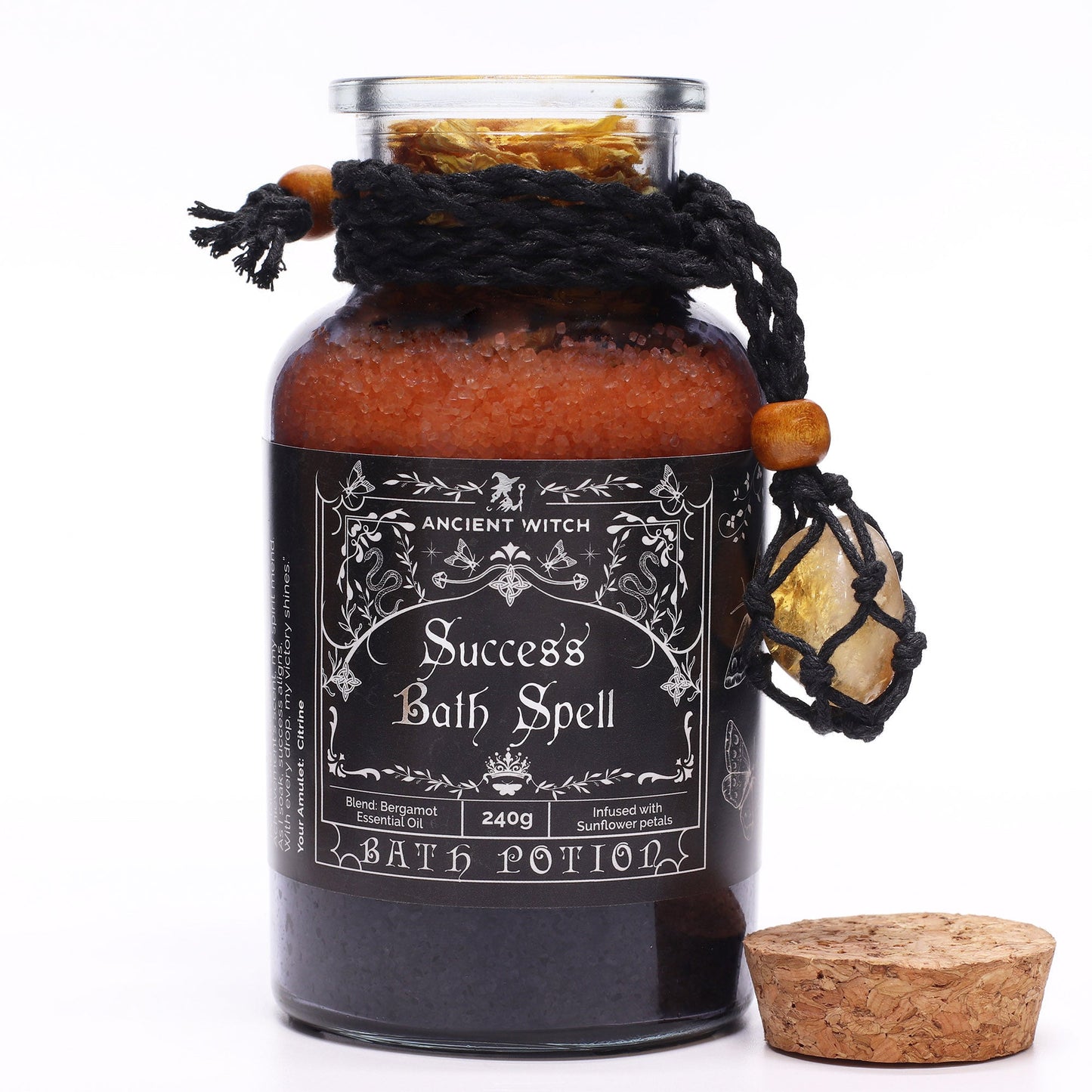 Vegan Bath Spell Potion & Citrine Crystal Amulet - Success, orange layered bottle with its cork placed beside it, by Quintessential Holistic Health Ltd