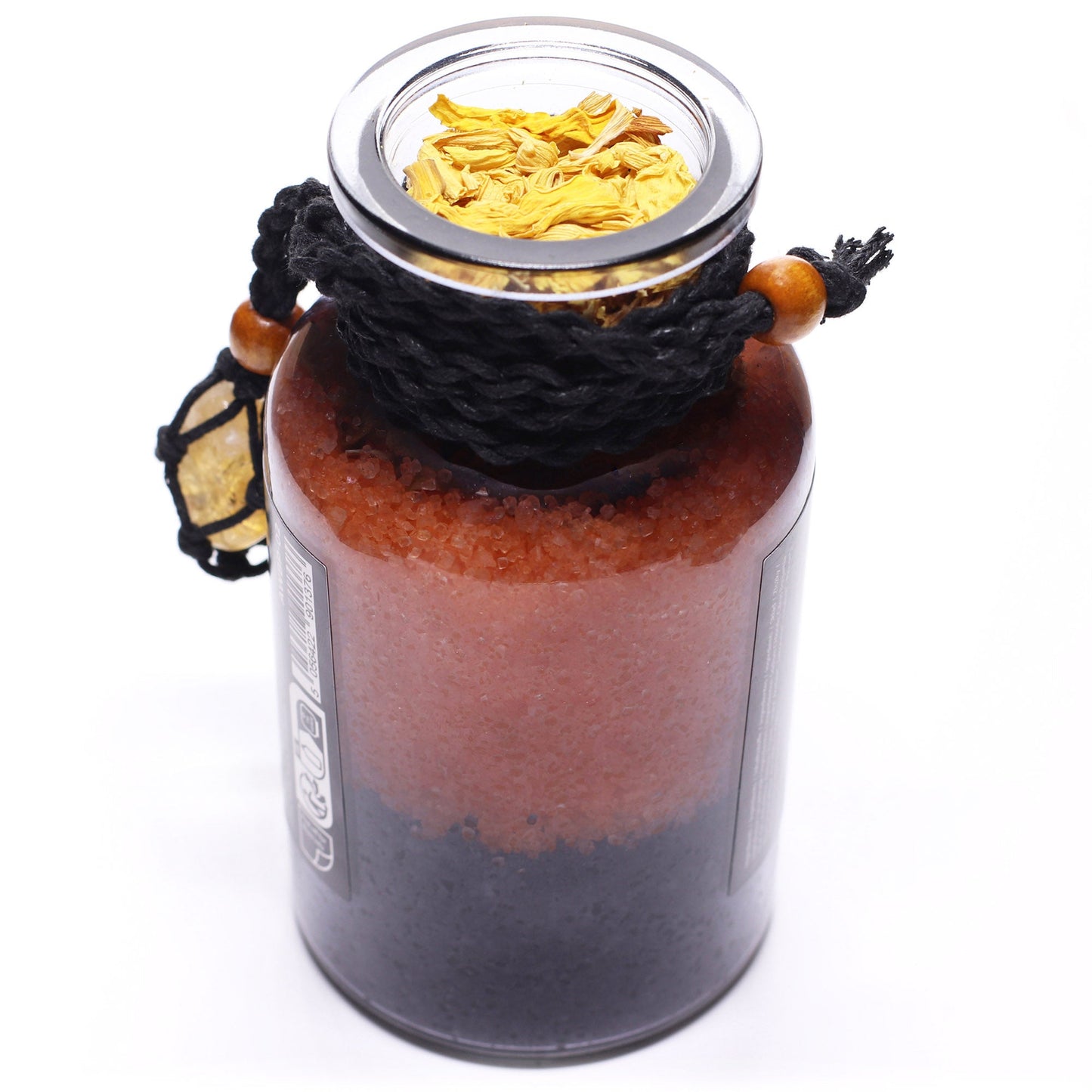Vegan Bath Spell Potion & Citrine Crystal Amulet - Success, open orange layered bottle viewed from above with golden petals visible, by Quintessential Holistic Health Ltd