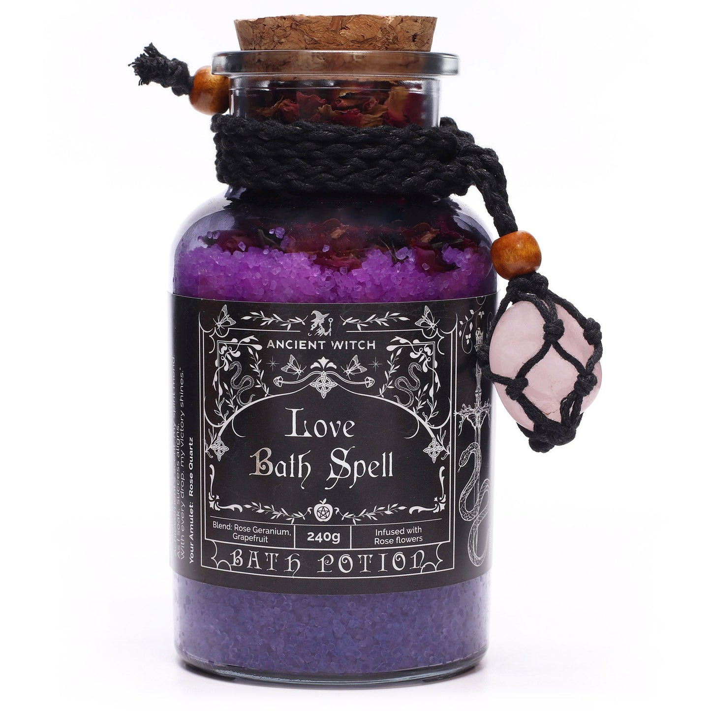 Vegan Bath Spell Potion & Rose Quartz Crystal Amulet - Love, corked purple bottle with black cord and pink crystal charm by Quintessential Holistic Health Ltd