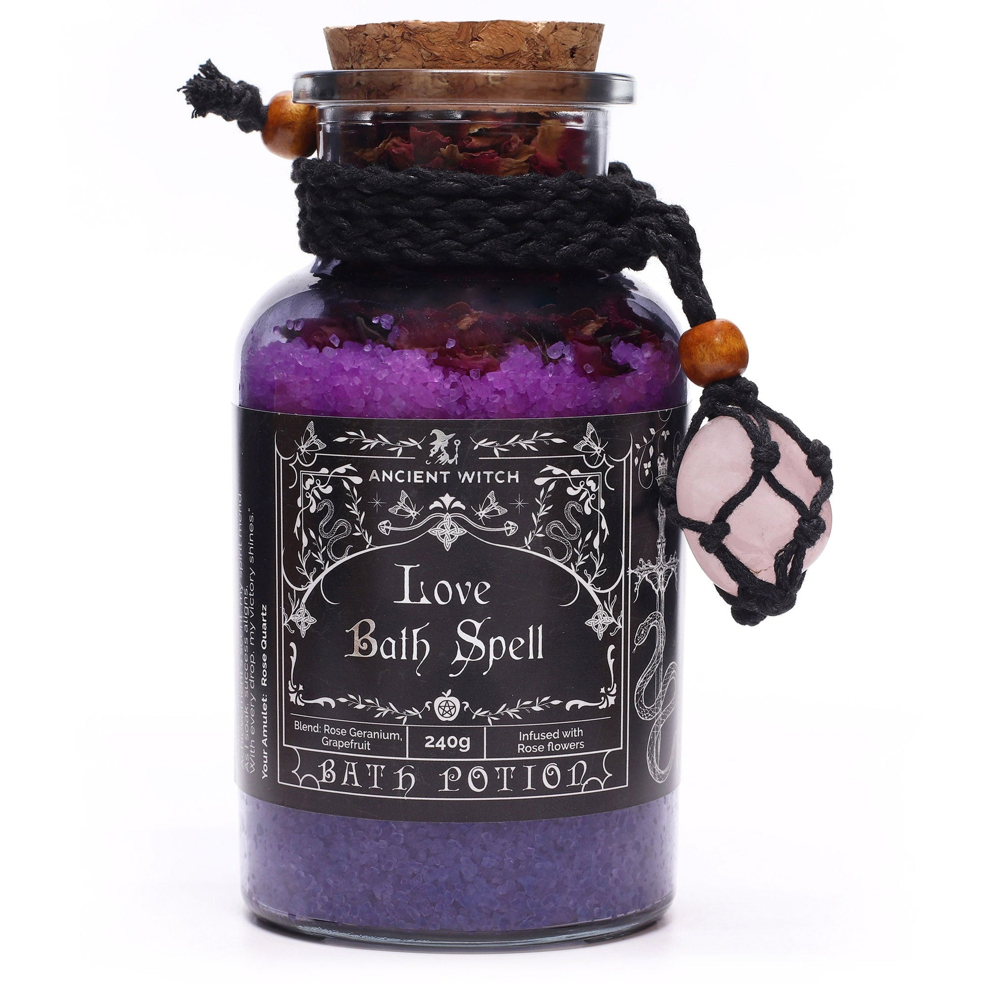 Vegan Bath Spell Potion & Rose Quartz Crystal Amulet - Love, corked purple bottle with black cord and pink crystal charm by Quintessential Holistic Health Ltd
