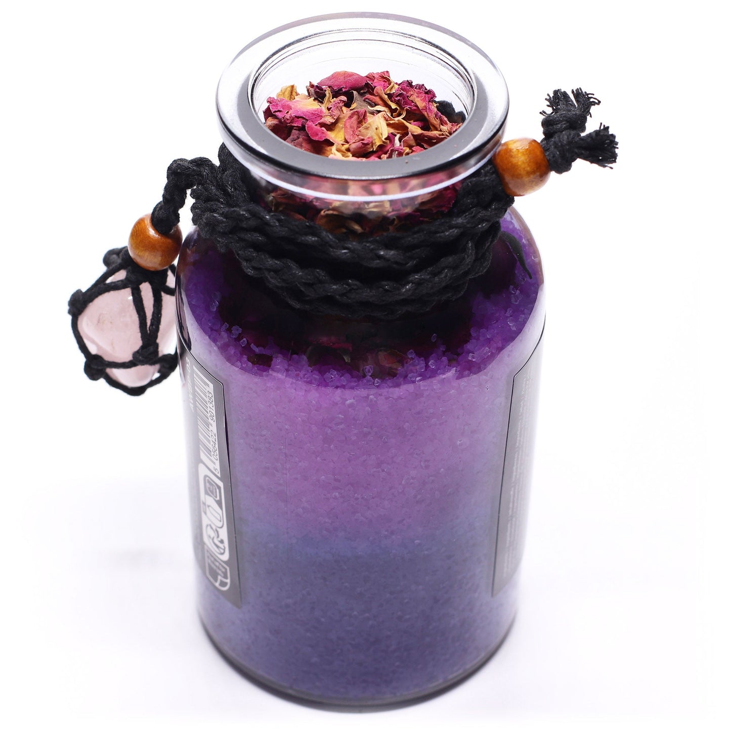 Vegan Bath Spell Potion & Rose Quartz Crystal Amulet - Love, open purple bottle viewed from above with rose petals visible by Quintessential Holistic Health Ltd