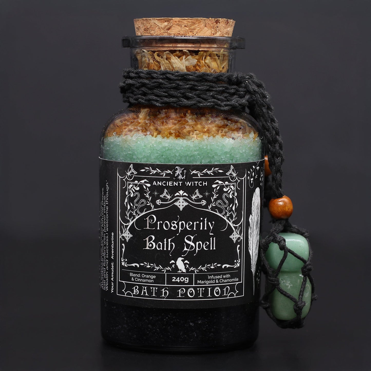 Vegan Bath Spell Potion & Aventurine Crystal Amulet - Prosperity, corked green and black bottle with braided cord and green stone charm, by Quintessential Holistic Health Ltd