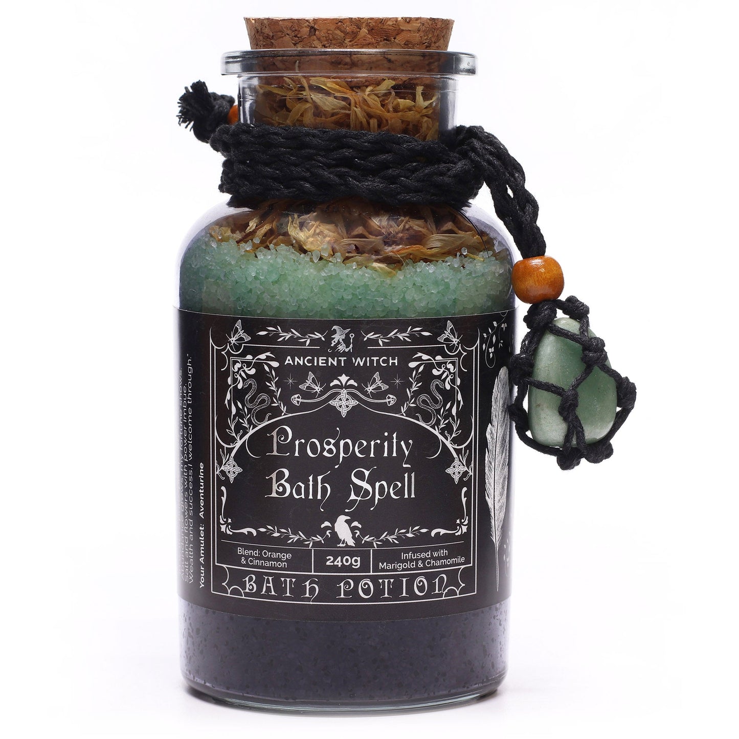 Vegan Bath Spell Potion & Aventurine Crystal Amulet - Prosperity, green and black layered bottle with cork and braided cord, by Quintessential Holistic Health Ltd