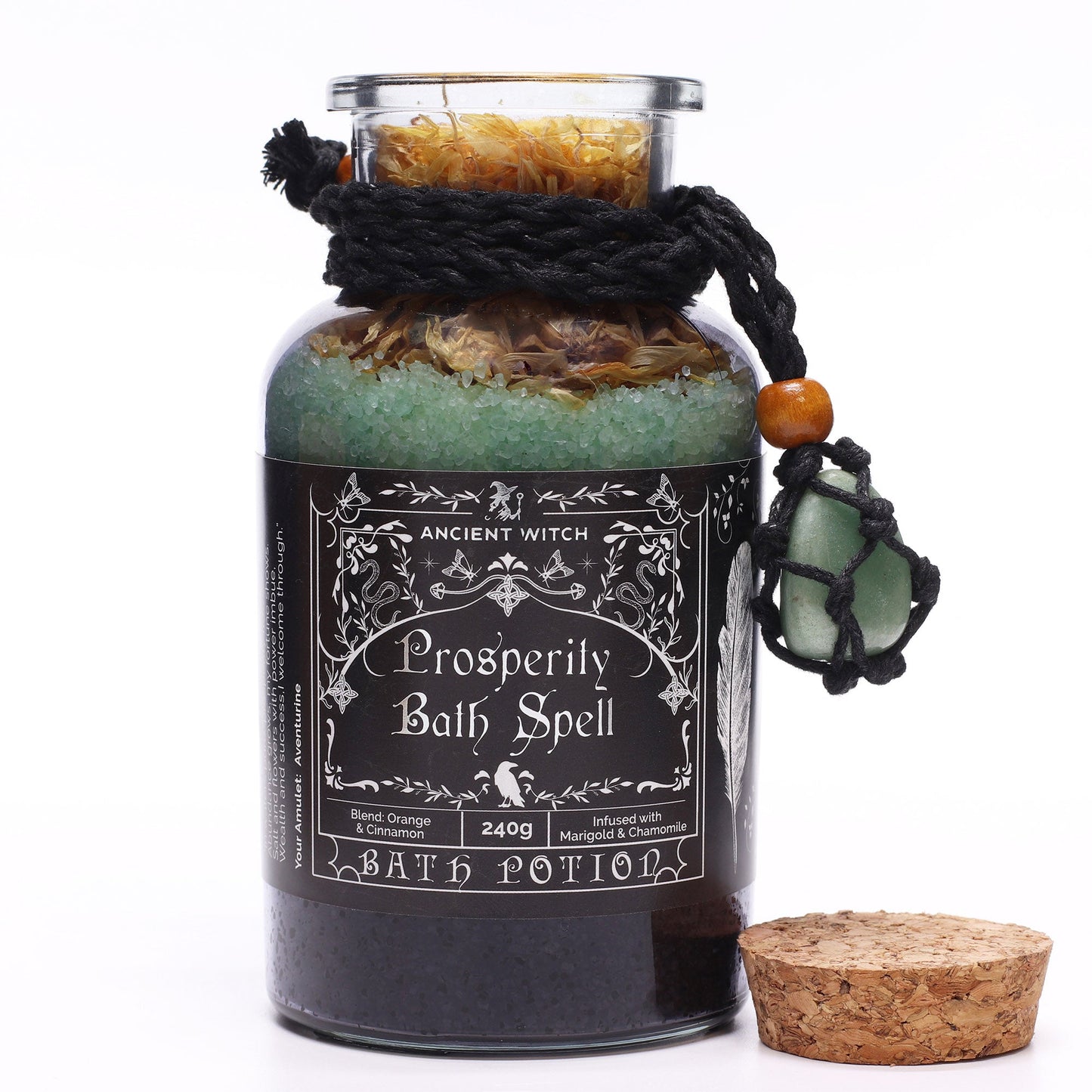 Vegan Bath Spell Potion & Aventurine Crystal Amulet - Prosperity, green layered bottle with its cork placed beside it, by Quintessential Holistic Health Ltd