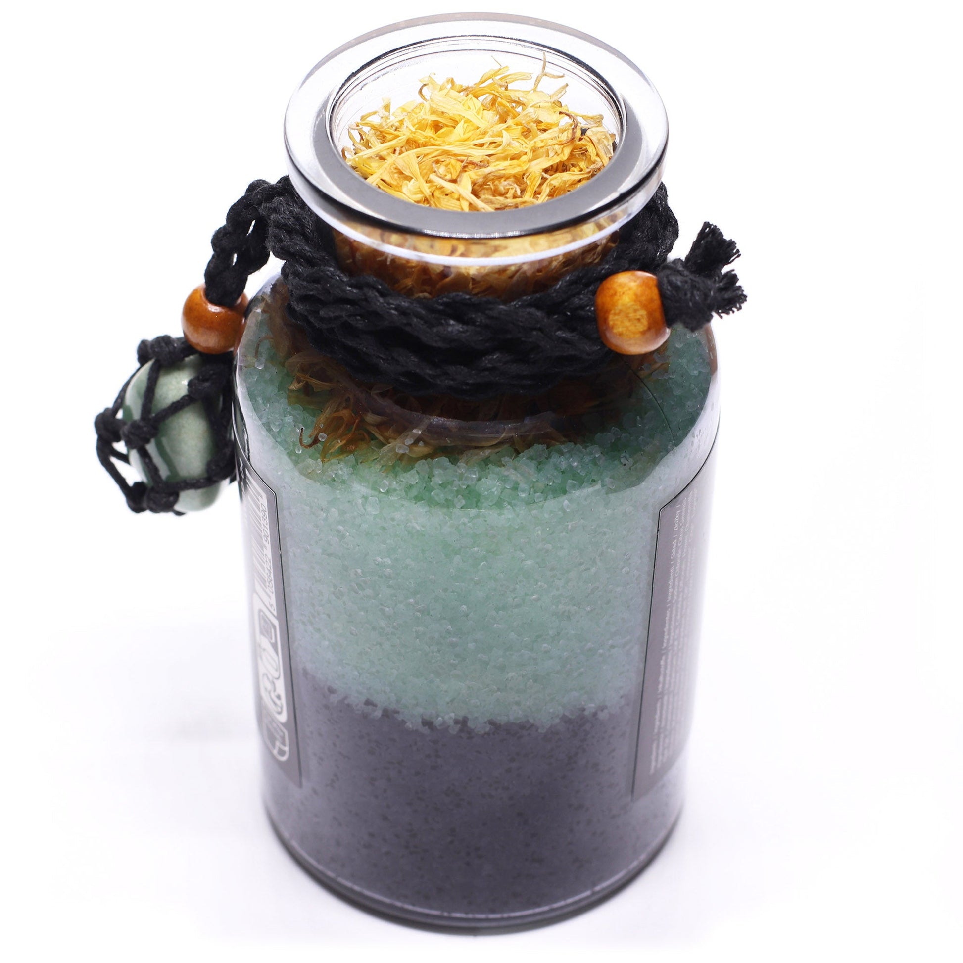 Vegan Bath Spell Potion & Aventurine Crystal Amulet - Prosperity, open green layered bottle viewed from above with golden petals visible, by Quintessential Holistic Health Ltd