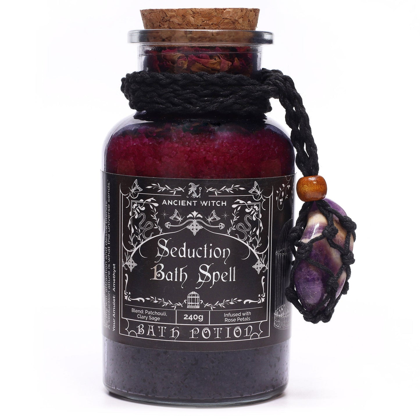 Vegan Bath Spell Potion & Amethyst Crystal Amulet - Seduction in a dark red bottle with black label, brown stopper and purple side charm by Quintessential Holistic Health Ltd