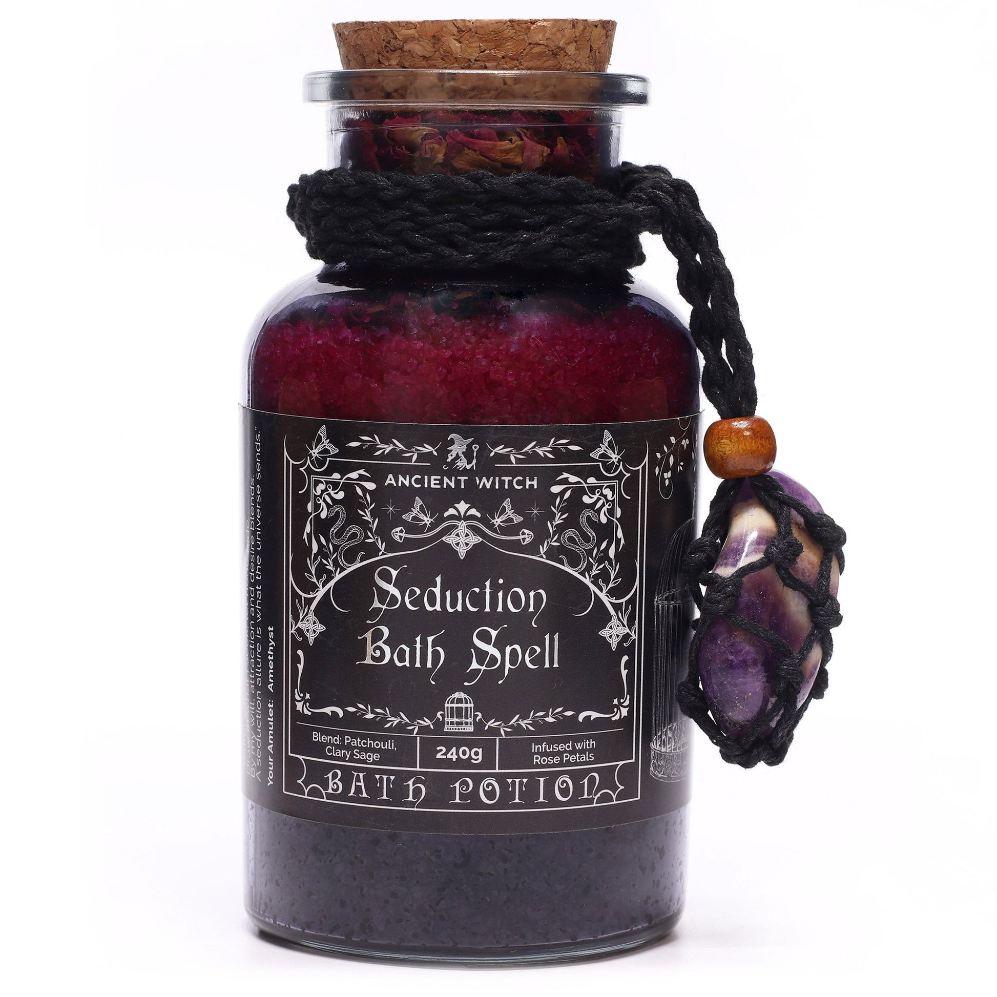 Vegan Bath Spell Potion & Amethyst Crystal Amulet - Seduction in a dark red bottle with black label, brown stopper and purple side charm by Quintessential Holistic Health Ltd