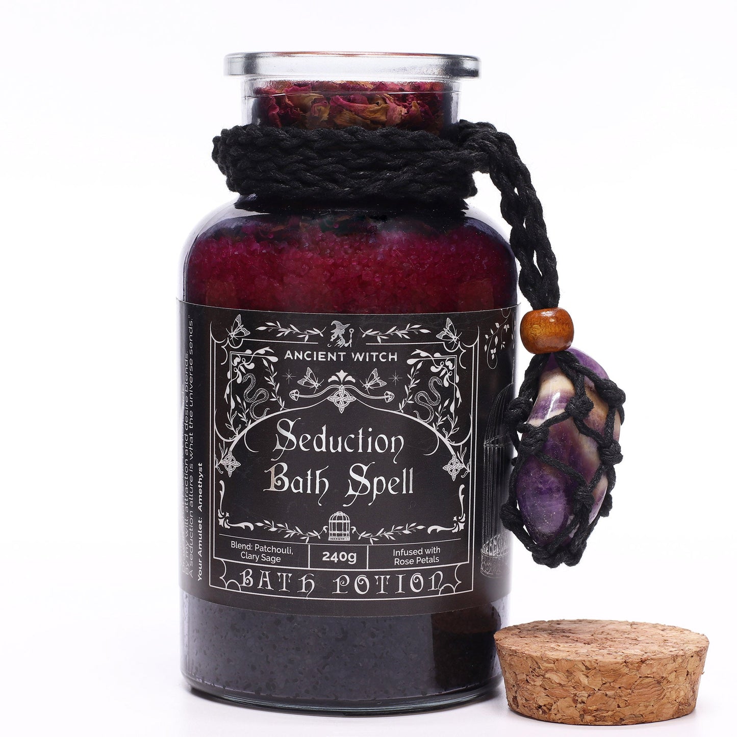 Vegan Bath Spell Potion & Amethyst Crystal Amulet - Seduction, front-facing dark bottle with its cork beside it, by Quintessential Holistic Health Ltd