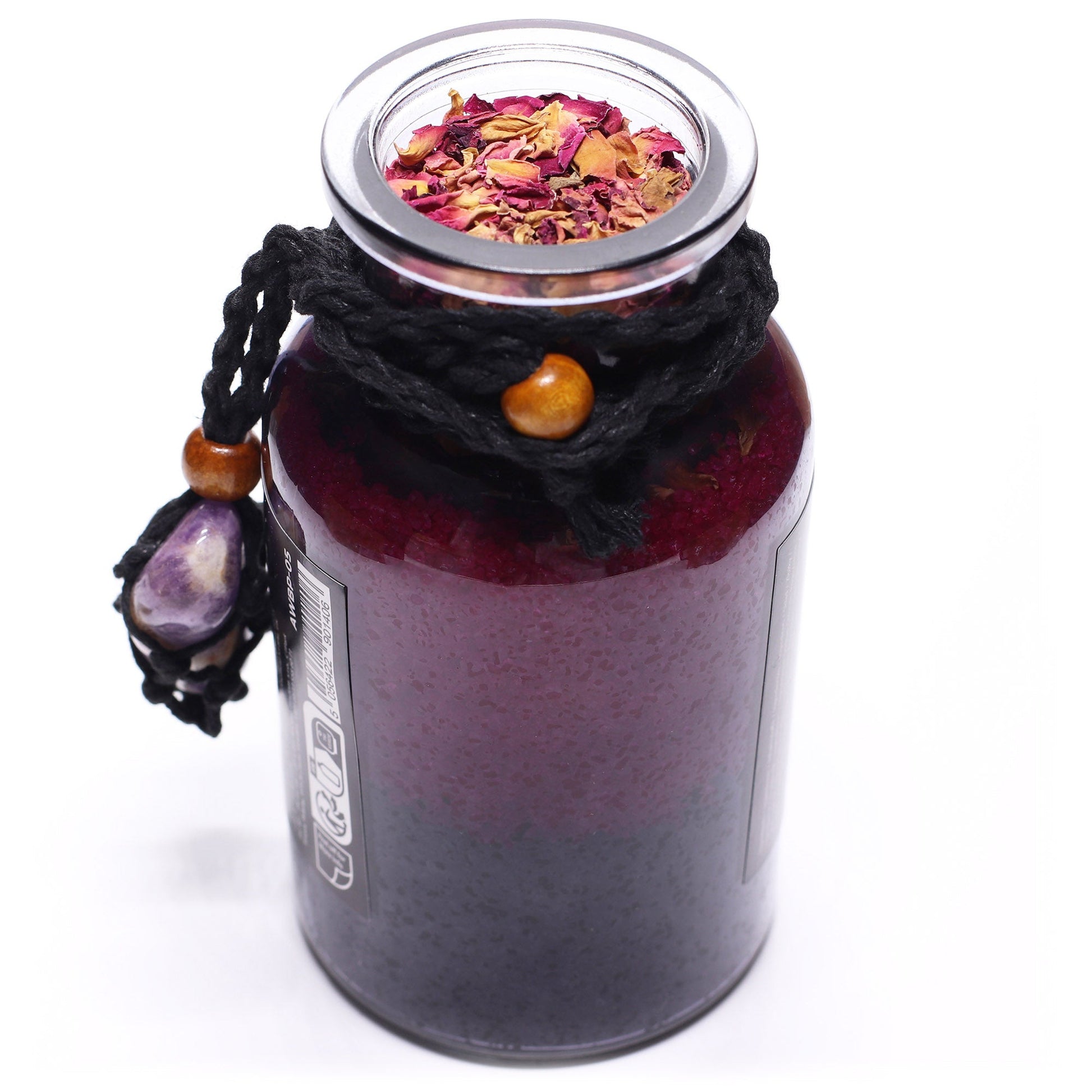 Vegan Bath Spell Potion & Amethyst Crystal Amulet - Seduction, open layered bottle viewed from above with pink petals visible, by Quintessential Holistic Health Ltd