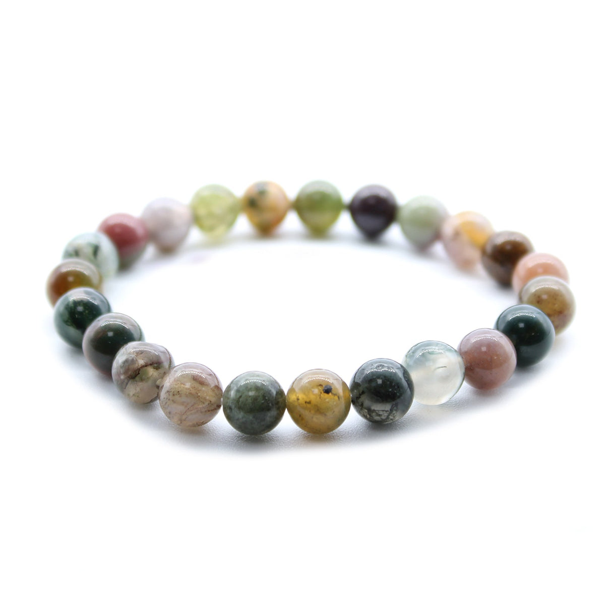 Gemstone Power Bracelet - Moss Agate with glossy round beads in varied green, cream, pink and brown tones, by Quintessential Holistic Health Ltd