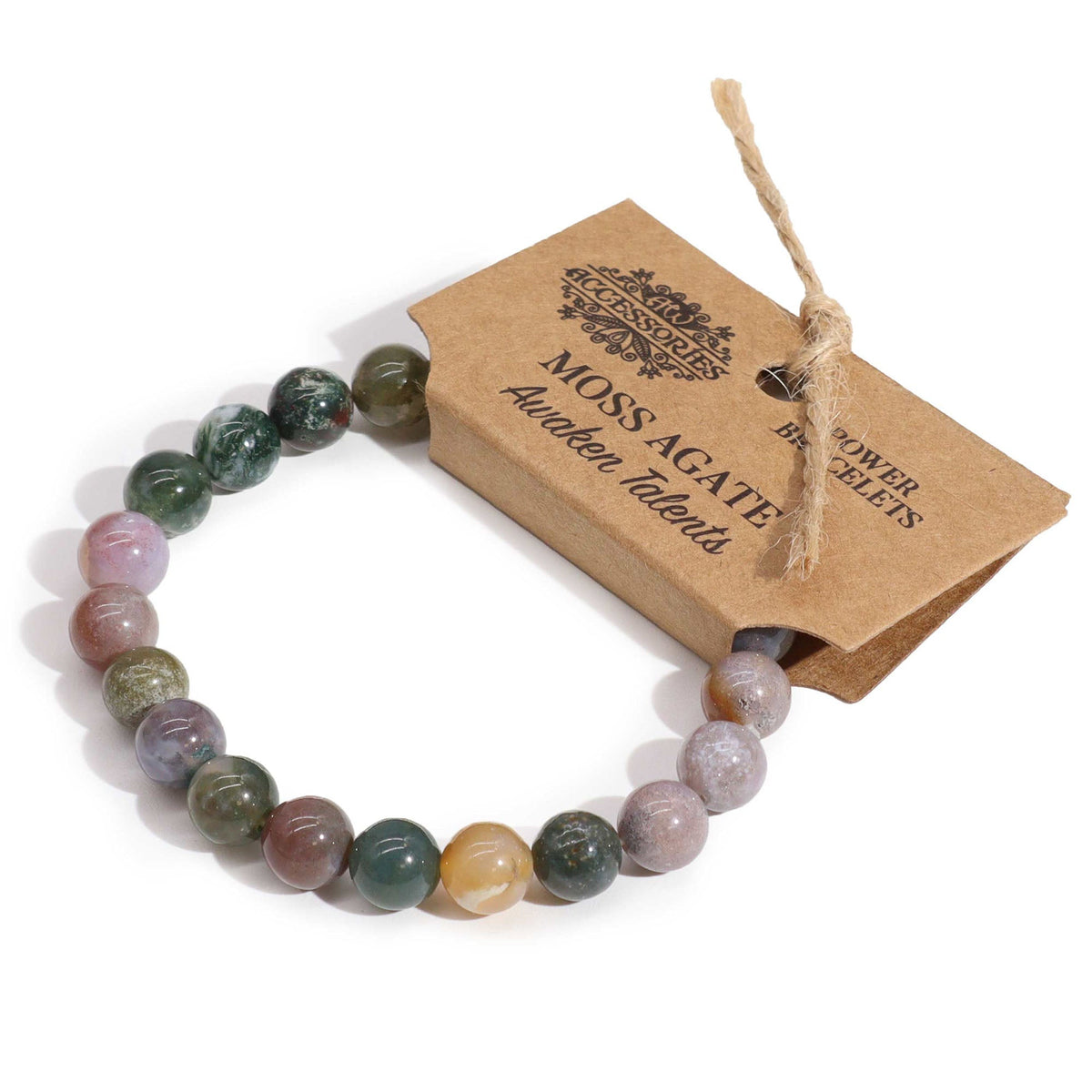 Gemstone Power Bracelet - Moss Agate with mottled green, blush pink and amber-toned round beads and a branded card, by Quintessential Holistic Health Ltd