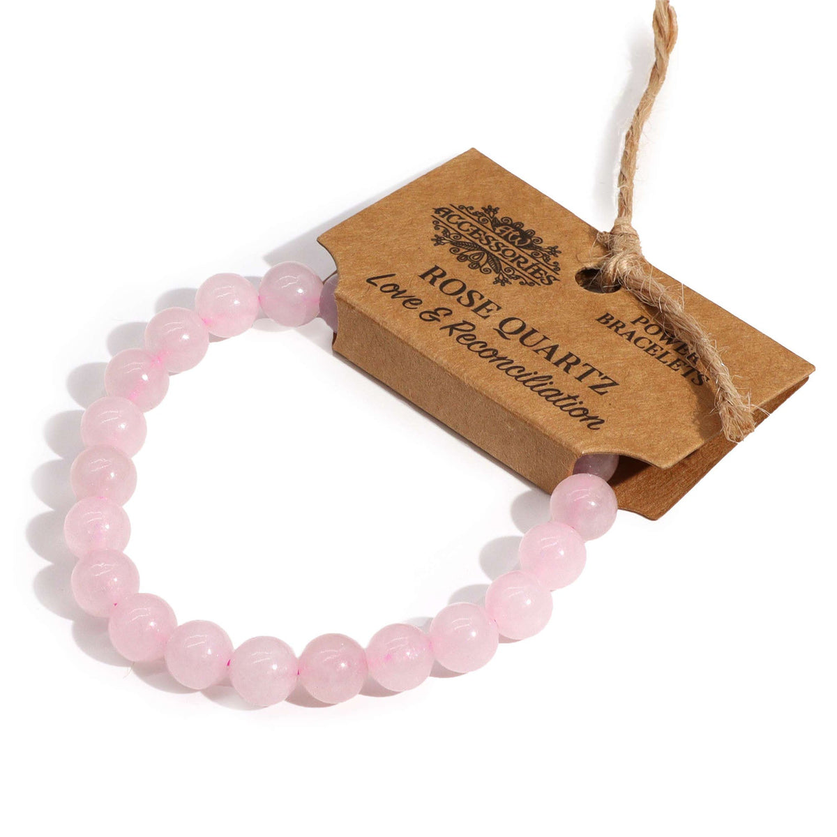 Gemstone Power Bracelet - Rose Quartz with polished soft pink round beads and a branded card, by Quintessential Holistic Health Ltd