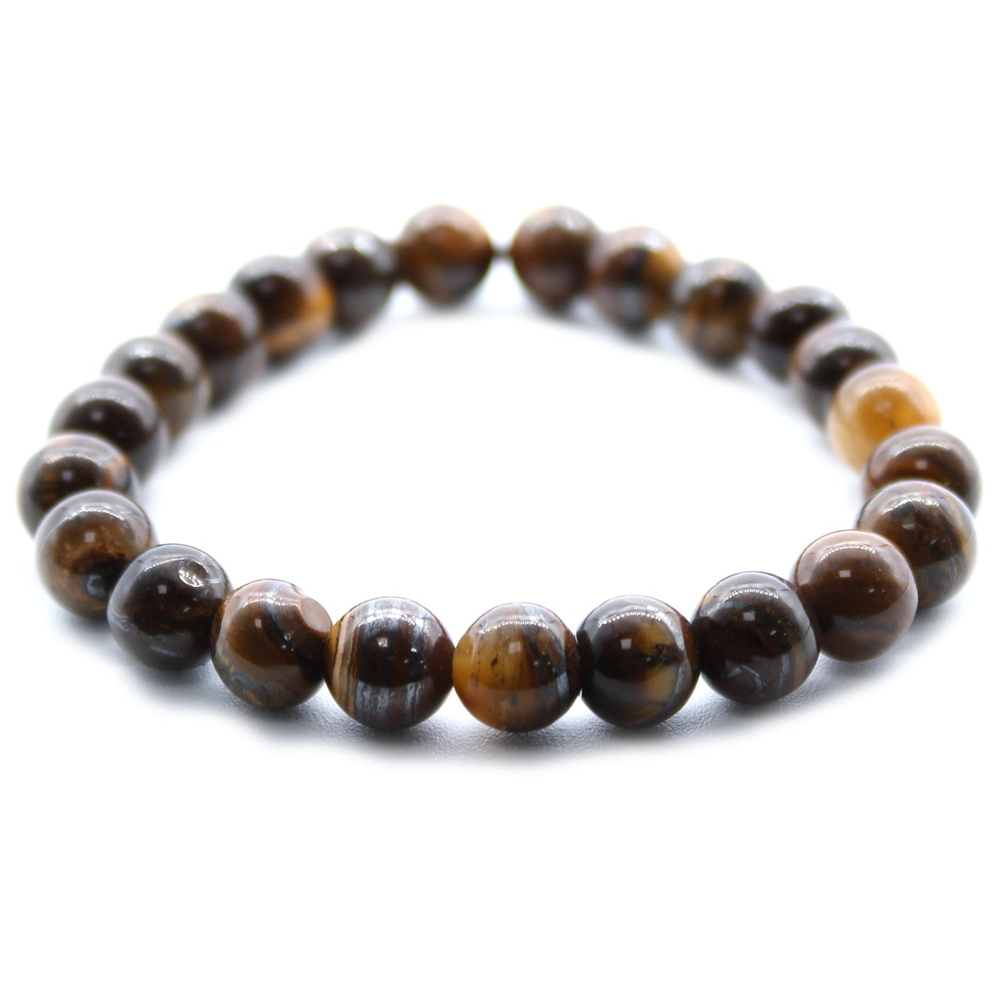 Tiger Eye Gemstone Power Bracelet - 7 × 0.8cm with glossy dark brown round beads showing golden bands, by Quintessential Holistic Health Ltd