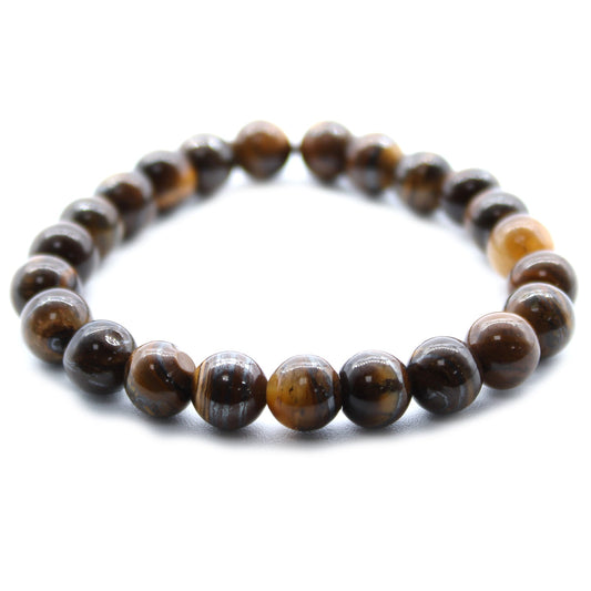Tiger Eye Gemstone Power Bracelet - 7 × 0.8cm with glossy dark brown round beads showing golden bands, by Quintessential Holistic Health Ltd