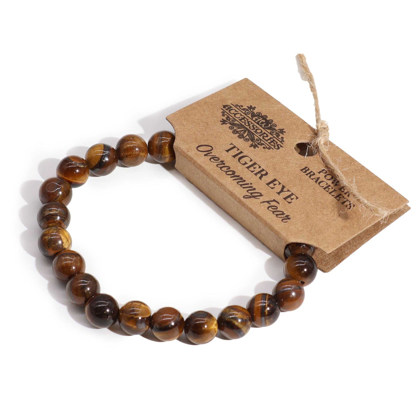 Tiger Eye Gemstone Power Bracelet - 7 × 0.8cm with polished honey-brown and dark striped round beads and a branded card, by Quintessential Holistic Health Ltd