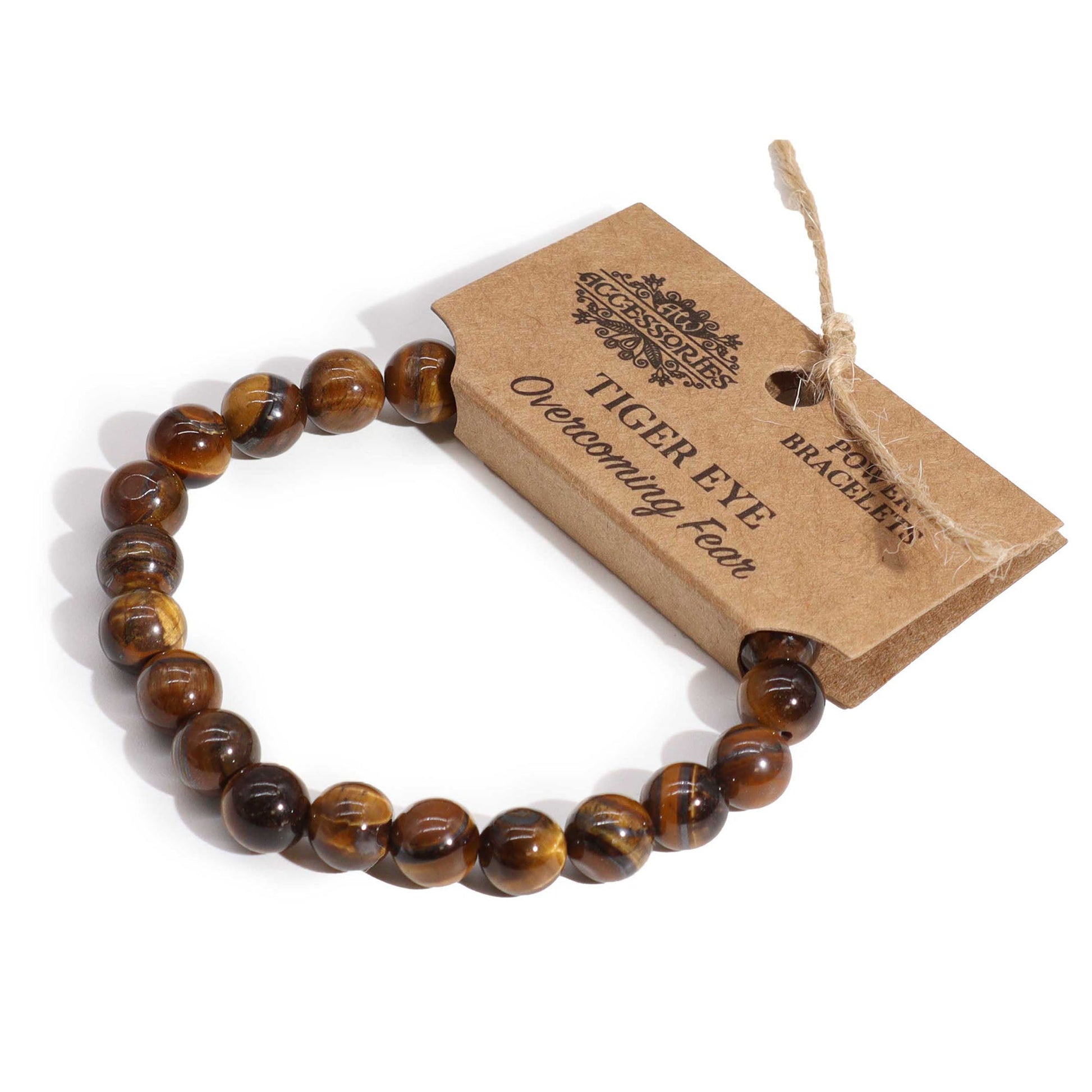Tiger Eye Gemstone Power Bracelet - 7 × 0.8cm with polished honey-brown and dark striped round beads and a branded card, by Quintessential Holistic Health Ltd