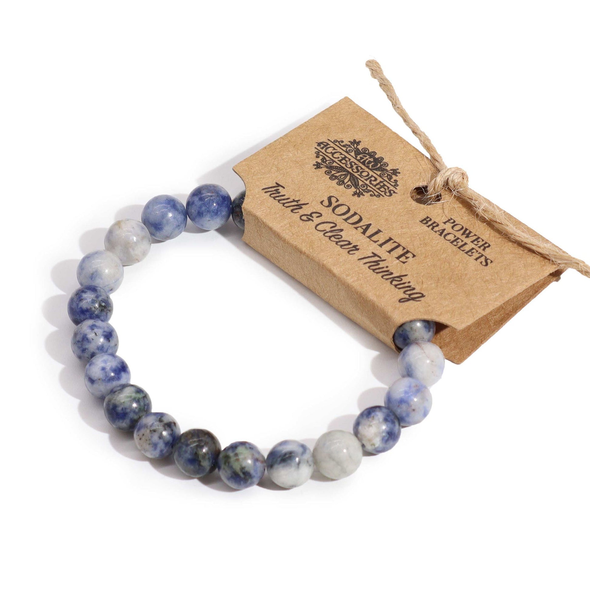 Gemstone Power Bracelet - Sodalite with varied blue, grey and white mottled round beads and a branded card, by Quintessential Holistic Health Ltd