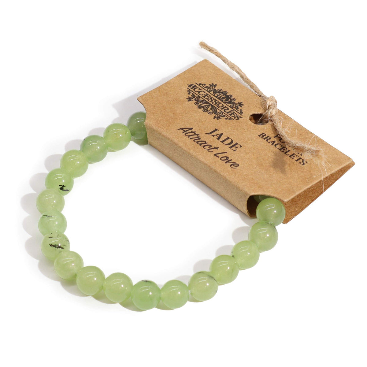 Gemstone Power Bracelet - Jade with pale green round beads showing subtle variations and a branded card, by Quintessential Holistic Health Ltd