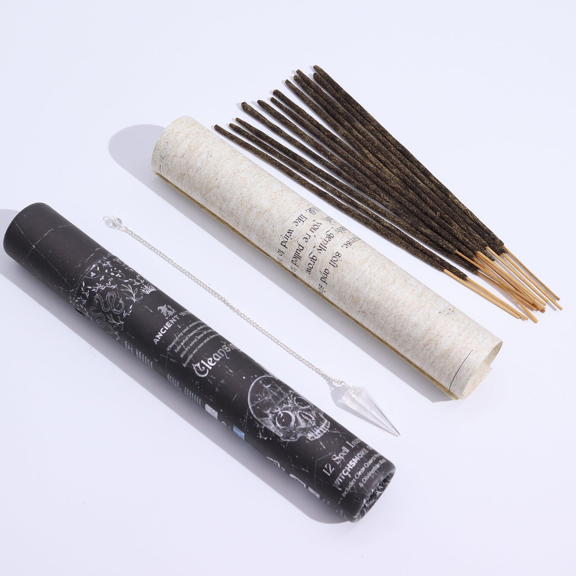 Ancient Witch Spell Incense, Map and Rock Crystal Pendulum Set - Cleansing product packaging on clean background from Quintessential Holistic Health Ltd