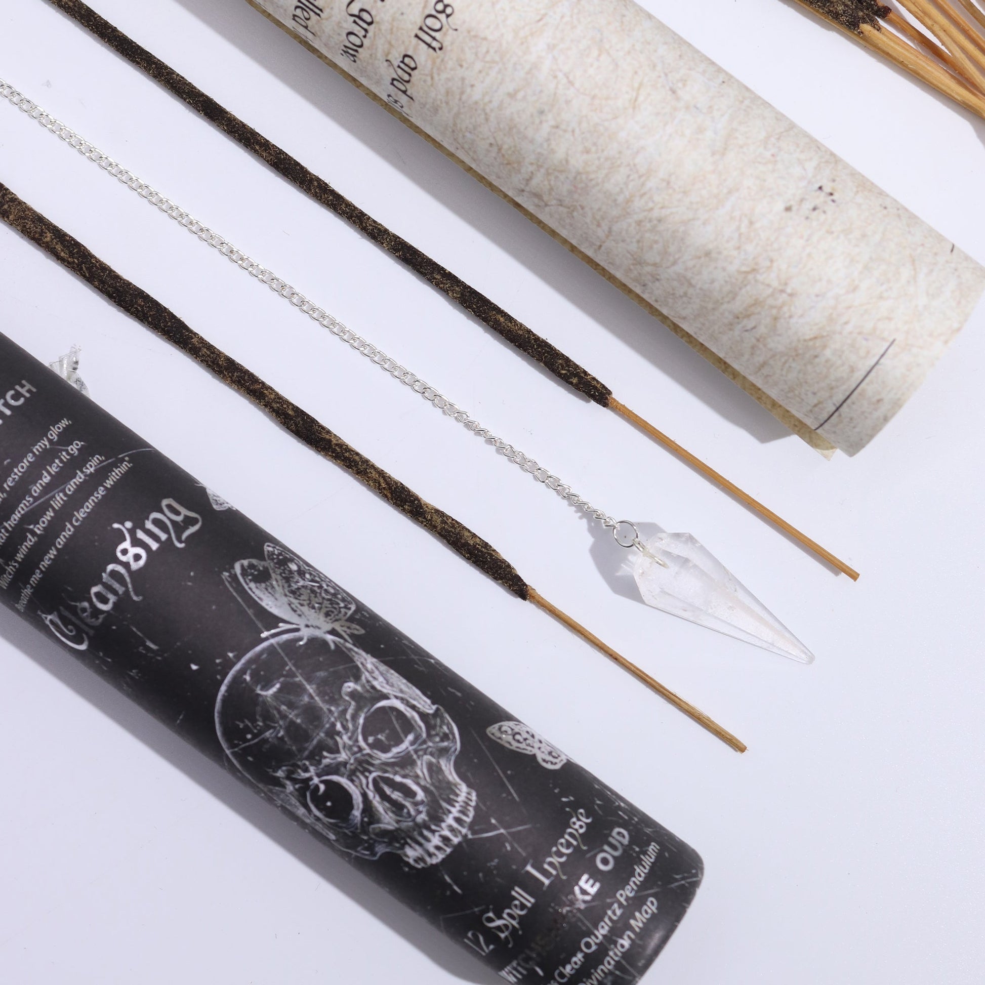 Ancient Witch Spell Incense, Map and Rock Crystal Pendulum Set - Cleansing product packaging on clean background from Quintessential Holistic Health Ltd