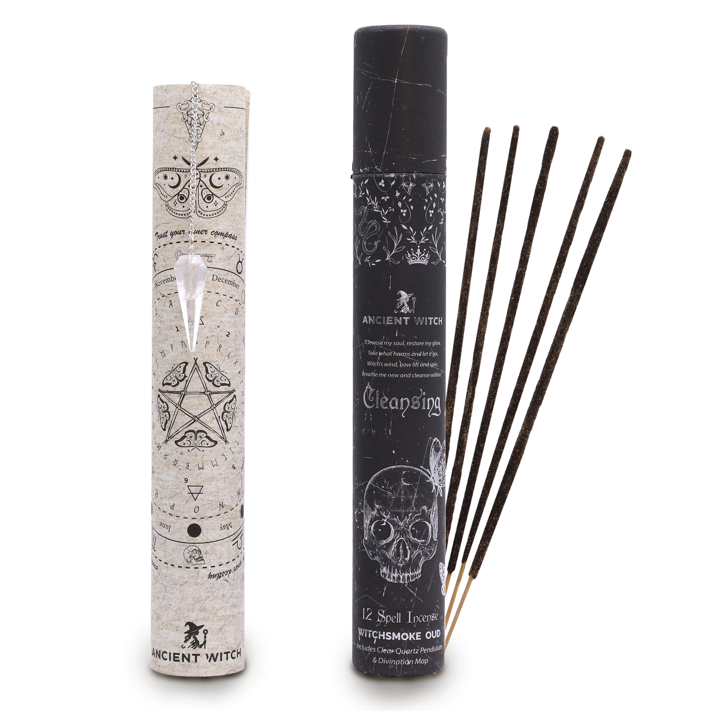 Ancient Witch Spell Incense, Map and Rock Crystal Pendulum Set - Cleansing product packaging on clean background from Quintessential Holistic Health Ltd